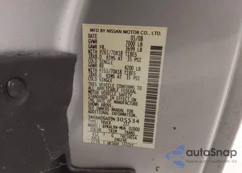 2009 Nissan Titan Xe z USA, uszkodzony, nr VIN 1N6BA06A09N305534